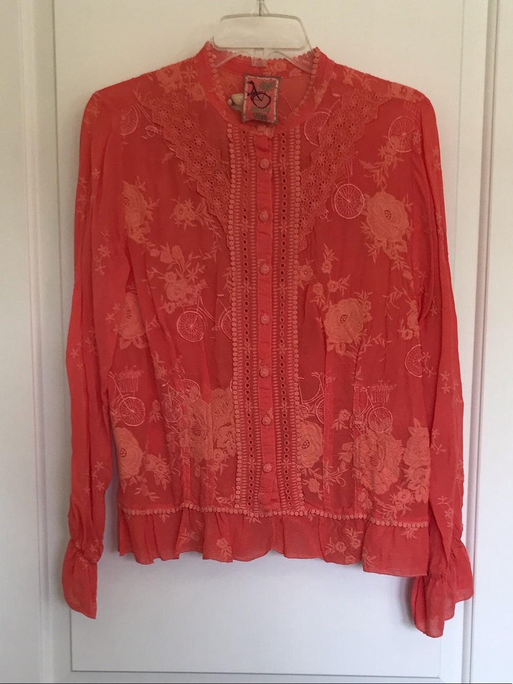 Johnny Was Coral Embroidered Lace-Trim Blouse